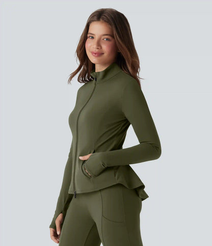 DayStretch Stand Collar Zipper Thumb Hole Ruffle Hem Slim Jacket with Pockets