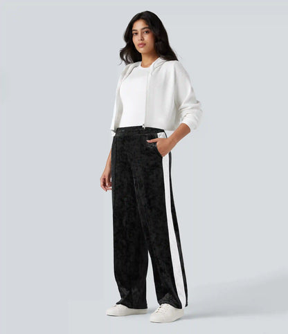 Mid Rise Drawstring Color Block Velvet Casual Straight Leg Pants with Pockets