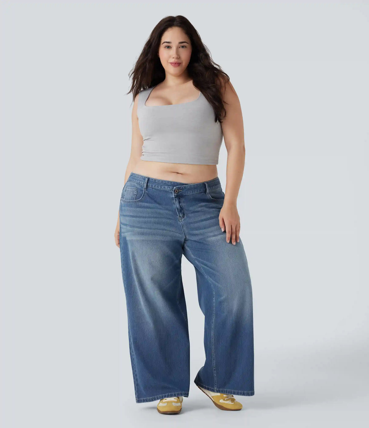 Plus Size Halara Flex™ Asymmetric Low Rise Wide Leg Washed Casual Jeans with Pockets