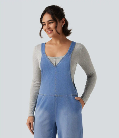 Halara Flex™ V Neck Sleeveless Barrel Leg Denim Casual Overalls with Pockets