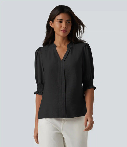 V Neck Puff Short Sleeve Casual Blouse