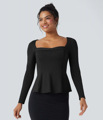 Square Neck Long Sleeve Ruffle Hem Work T-Shirt