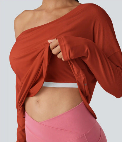One Shoulder Long Sleeve Thumb Hole Curved Hem High Low Quick Dry Yoga Sports Top-Built-in Bra
