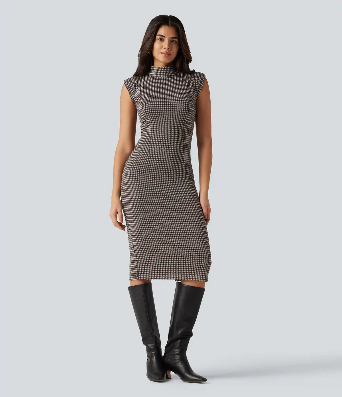 High Neck Sleeveless Bodycon Patterned Midi Work Dress