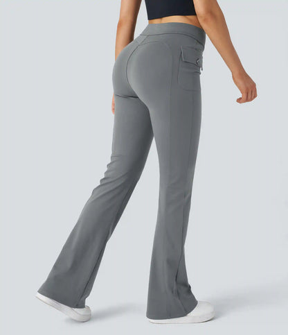 High Waisted Side Flap Pocket Flare Casual Cargo Pants