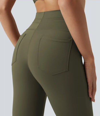 High Waisted Drawstring Plain Flare Yoga Pants with Pockets