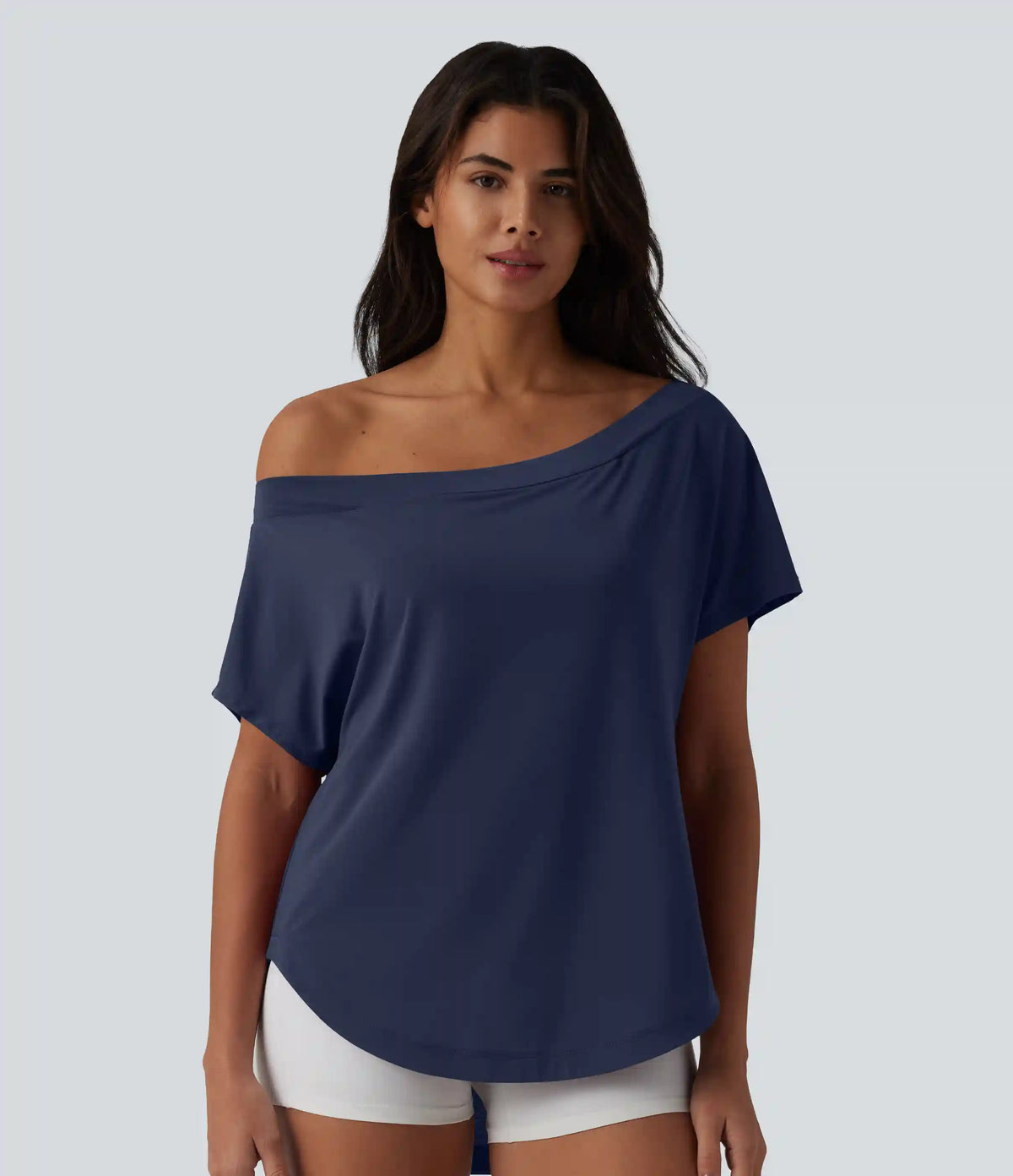 One Shoulder Short Sleeve Curved Hem High Low Quick Dry Yoga Sports Top-Built-in Bra