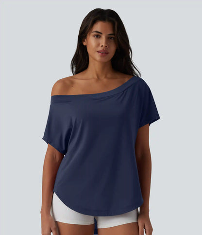 One Shoulder Short Sleeve Curved Hem High Low Quick Dry Yoga Sports Top-Built-in Bra
