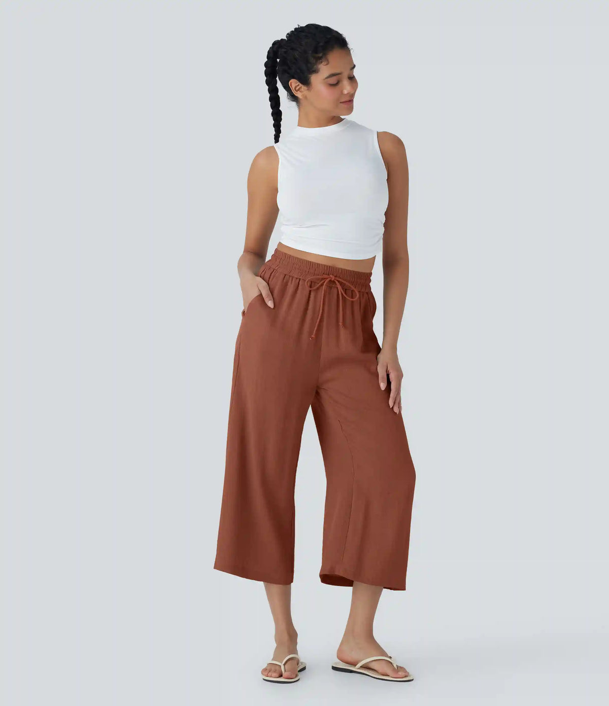 High Waisted Drawstring Wide Leg Cropped Casual Linen-Feel Pants with Pockets