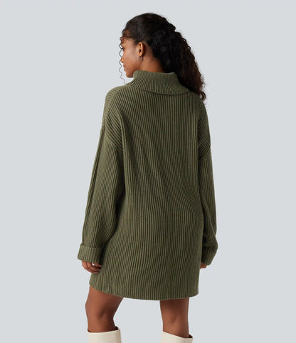 High Neck Long Sleeve Mini Work Sweater Dress