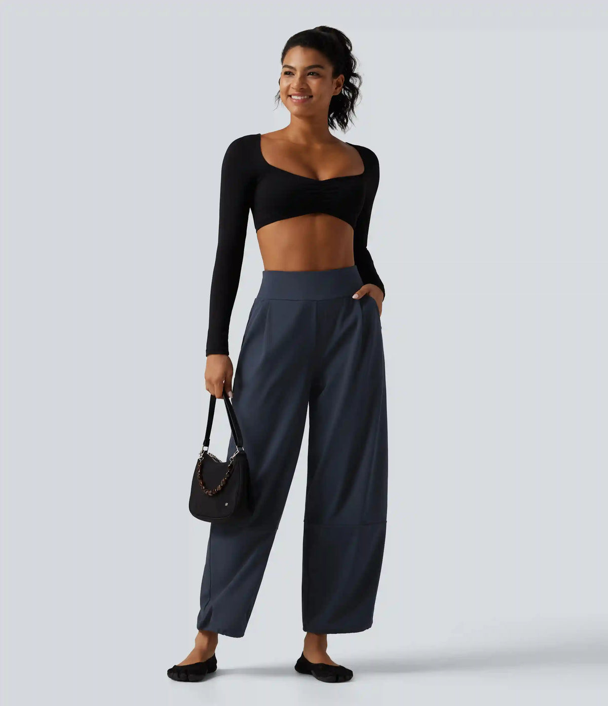 High Waisted Adjustable Drawcord Wide Leg Yoga Pants with Pockets