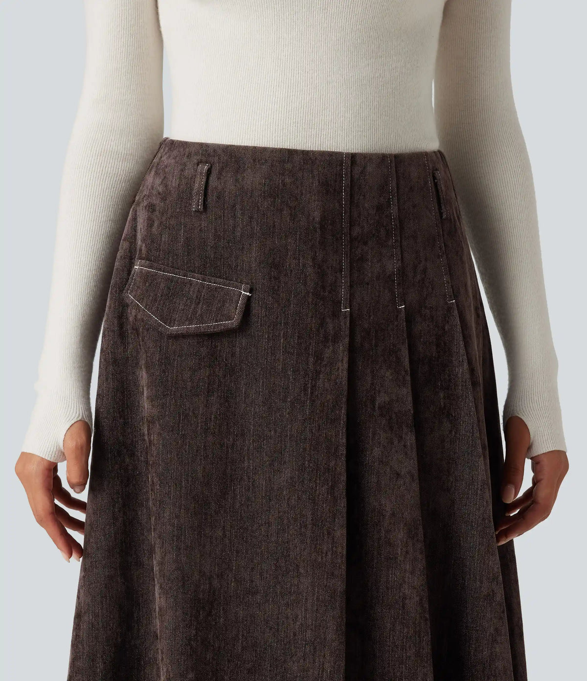 High Waisted A Line Midi Work Skirt with Pockets