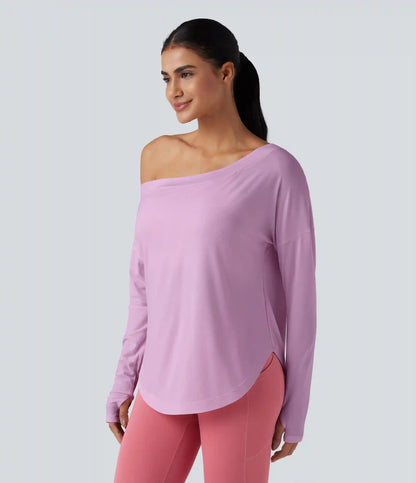 One Shoulder Long Sleeve Thumb Hole Curved Hem High Low Quick Dry Yoga Sports Top-Built-in Bra