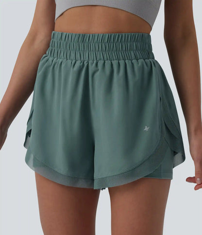 High Waisted Contrast Mesh 2-in-1 Running Shorts with Pockets