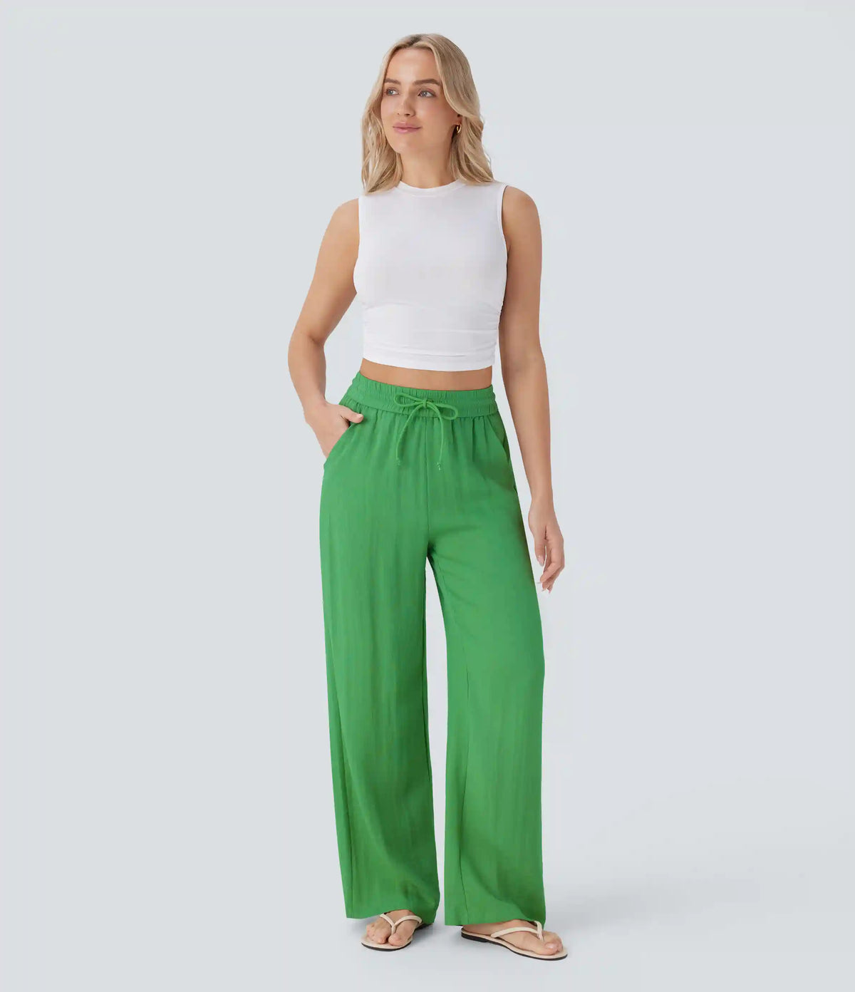 High Waisted Drawstring Pocket Wide Leg Baggy Casual Linen-Feel Pants