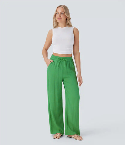 High Waisted Drawstring Pocket Wide Leg Baggy Casual Linen-Feel Pants