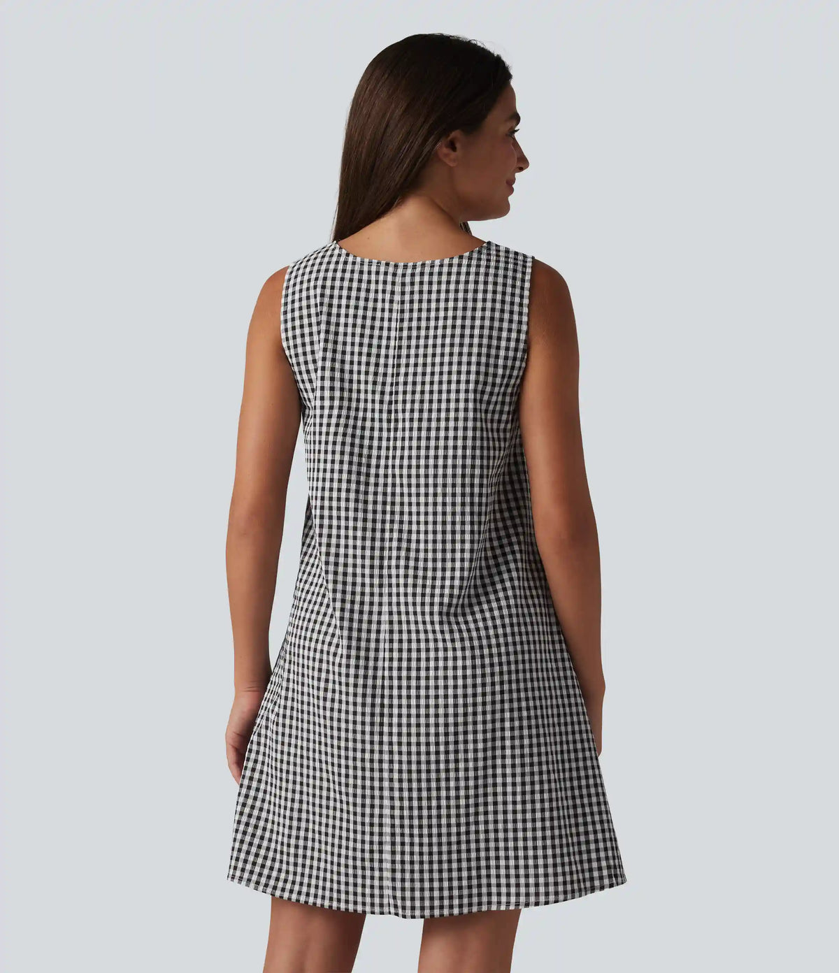 Round Neck Sleeveless Mini Crinkle Gingham Casual Tank Dress with Pockets