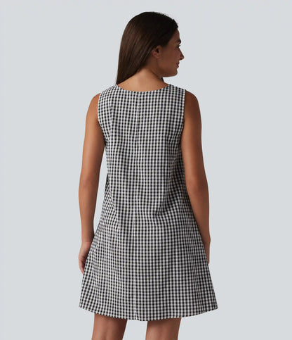 Round Neck Sleeveless Mini Crinkle Gingham Casual Tank Dress with Pockets