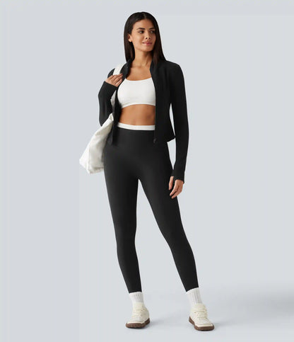 Stand Collar Long Sleeve Thumb Hole Yoga Jacket with Pockets