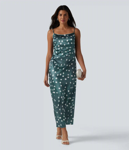Invisible Zipper Ruched Tie-back Polka Dot Satin Maxi Bridesmaid And Wedding Guest Slip Dress