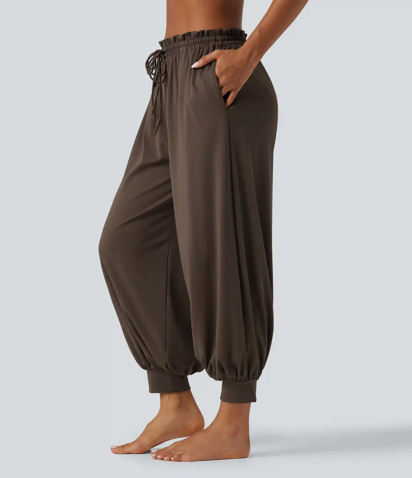 Mid Rise Drawstring Ruched Wrapped Yoga Joggers with Pockets