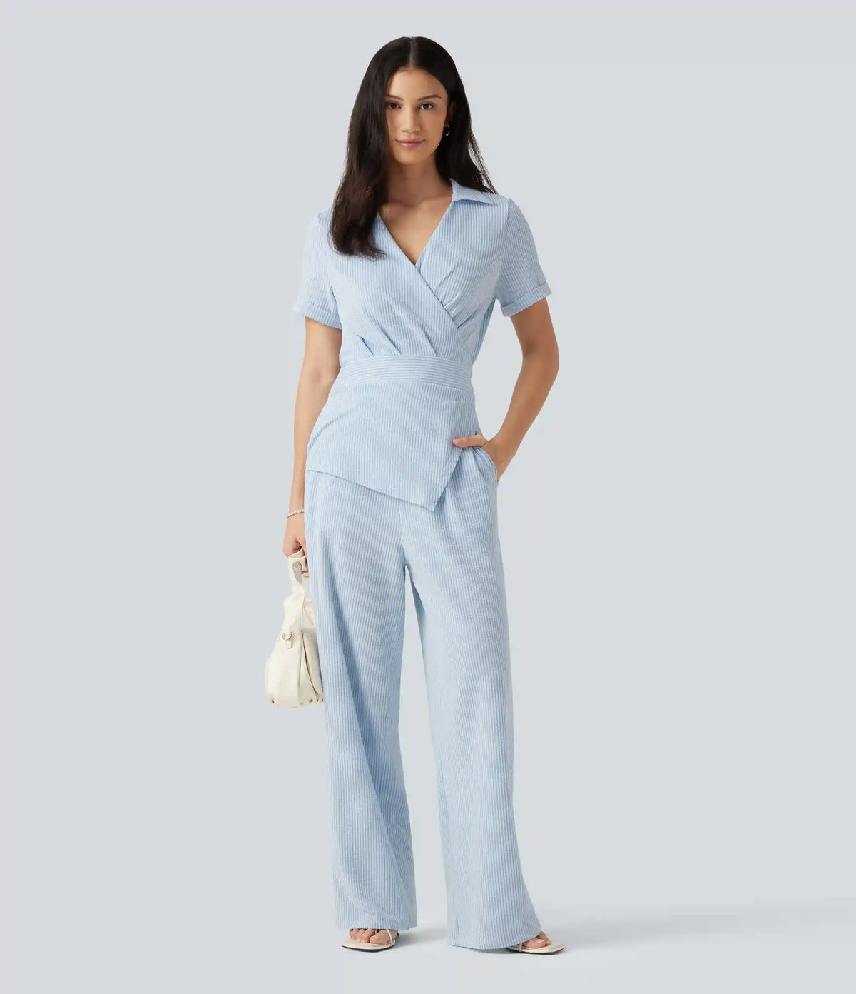 Short Sleeve Wrapped Tie Back Stripe Crinkle Cotton Casual Shirt Jumpsuit with Pockets-Easy Peezy Edition