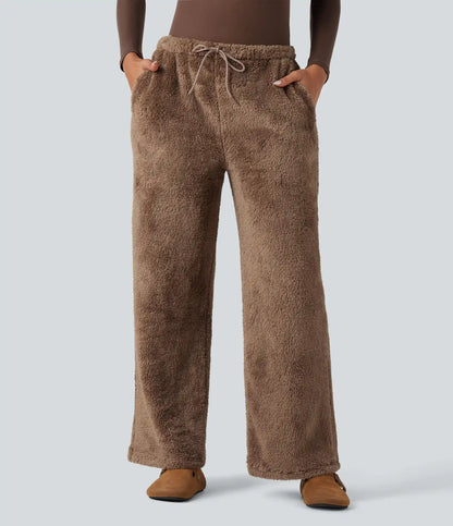 Mid Rise Drawstring Teddy Straight Leg Casual Pants with Pockets