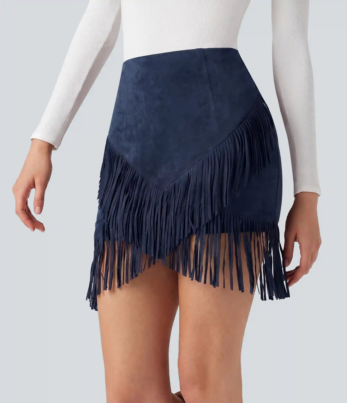 High Waisted 2-in-1 Fringe Hem Bodycon Mini Suede Casual Skirt