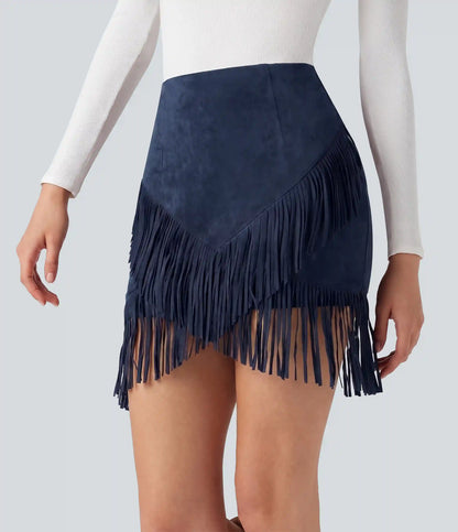 High Waisted 2-in-1 Fringe Hem Bodycon Mini Suede Casual Skirt