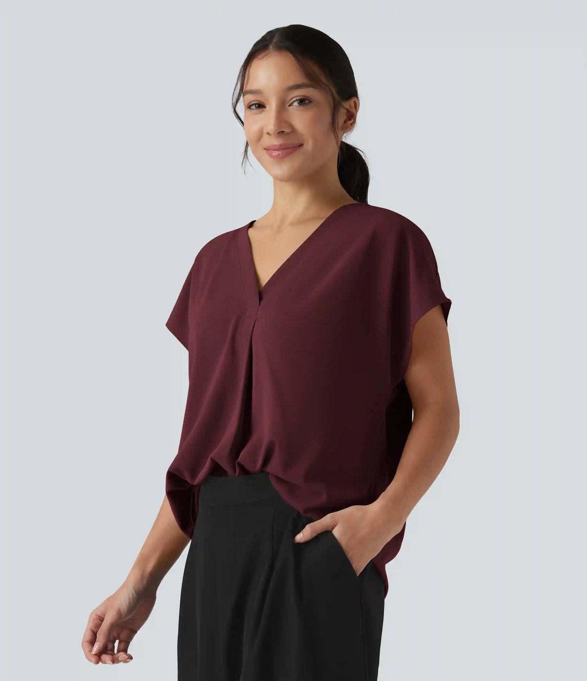 Wrinkle Recovery V-neck Short Sleeve Oversized Work Blouse