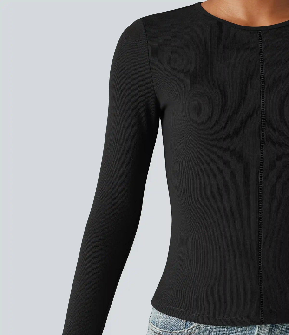 Ribbed Knit Round Neck Long Sleeve Thumb Holes Cut-out Casual T-Shirt