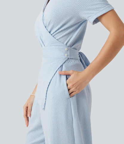Short Sleeve Wrapped Tie Back Stripe Crinkle Cotton Casual Shirt Jumpsuit with Pockets-Easy Peezy Edition