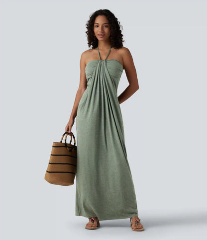 Halter Tie Back Built-in Bra Maxi Dress with Pockets