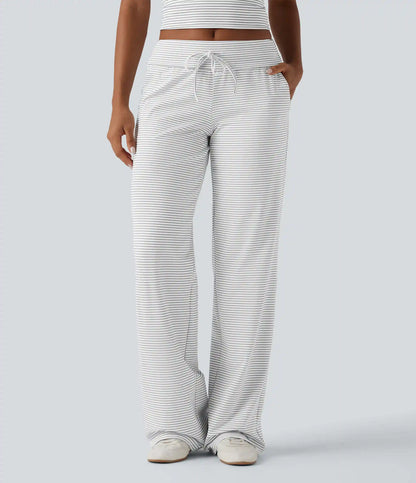 Foldover Low Rise Drawstring Stripes Casual Straight Leg Pants with Pockets