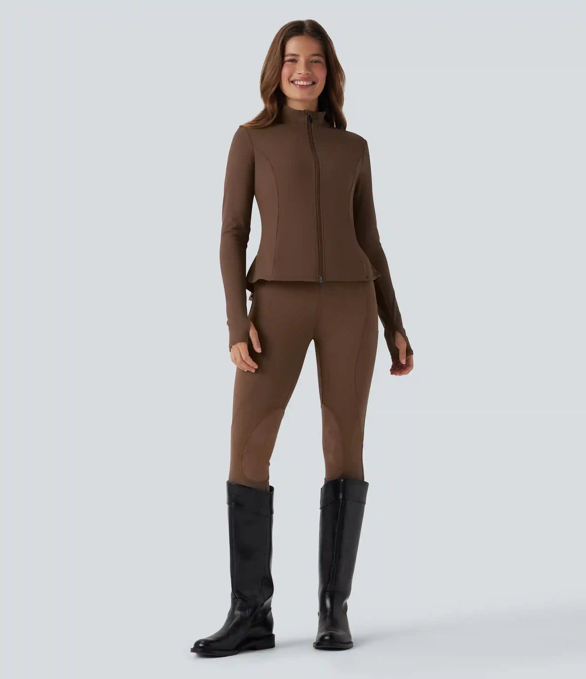 DayStretch Stand Collar Zipper Thumb Hole Ruffle Hem Slim Jacket with Pockets