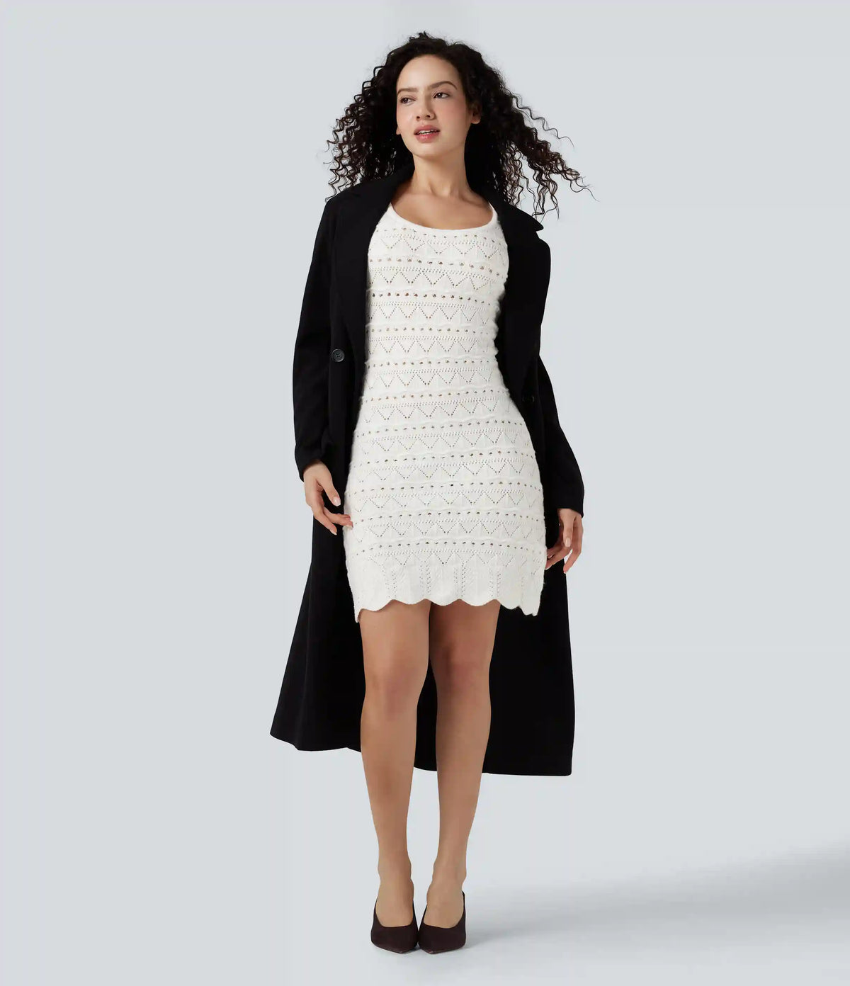 U-Neck Sleeveless Scallop Hem Open Knit Mini Casual Sweater Dress