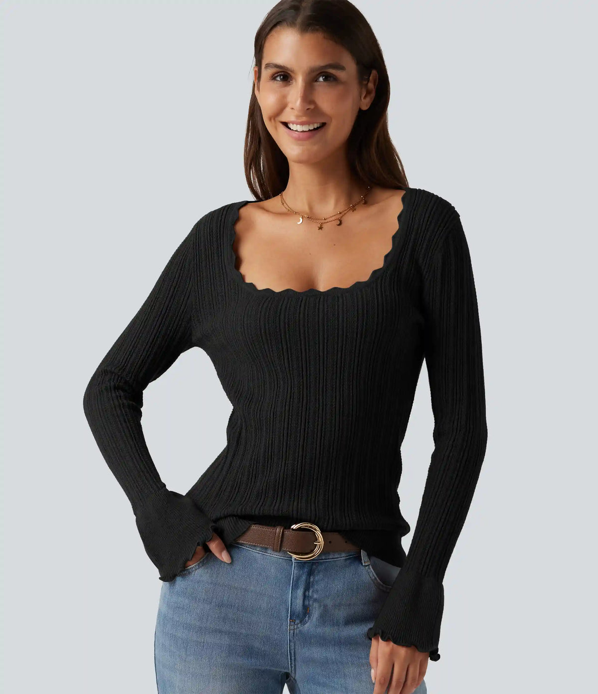 Square Neck Long Sleeve Casual Sweater