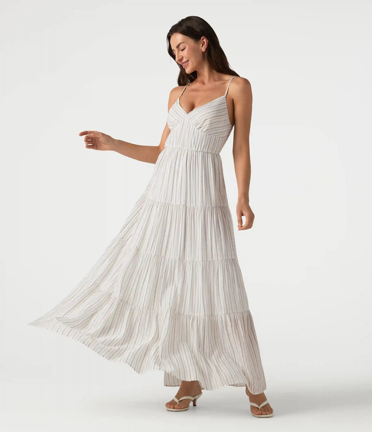 V Neck Lace Up Stripe Flowy Maxi Dress