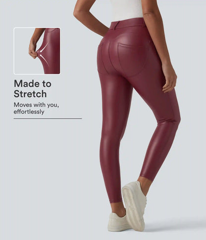 High Waisted Stretchy PU Casual 7/8 Leggings with Pockets