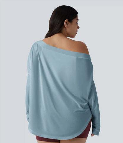 One Shoulder Long Sleeve Thumb Hole Curved Hem High Low Quick Dry Yoga Plus Size Sports Top-Built-in Bra