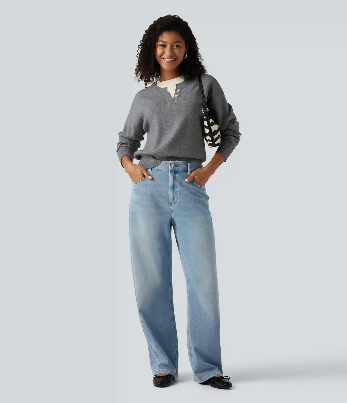 Round Neck Dropped Long Sleeve Color Block Work Sweater