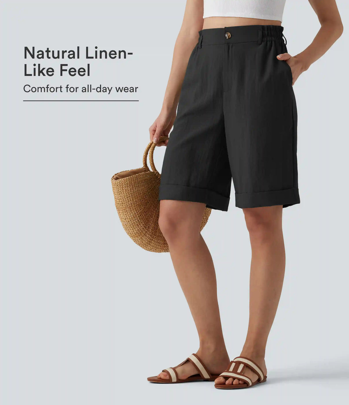 High Waisted Rolled Hem Linen-Feel Resort Bermuda Shorts 10'' with Pockets
