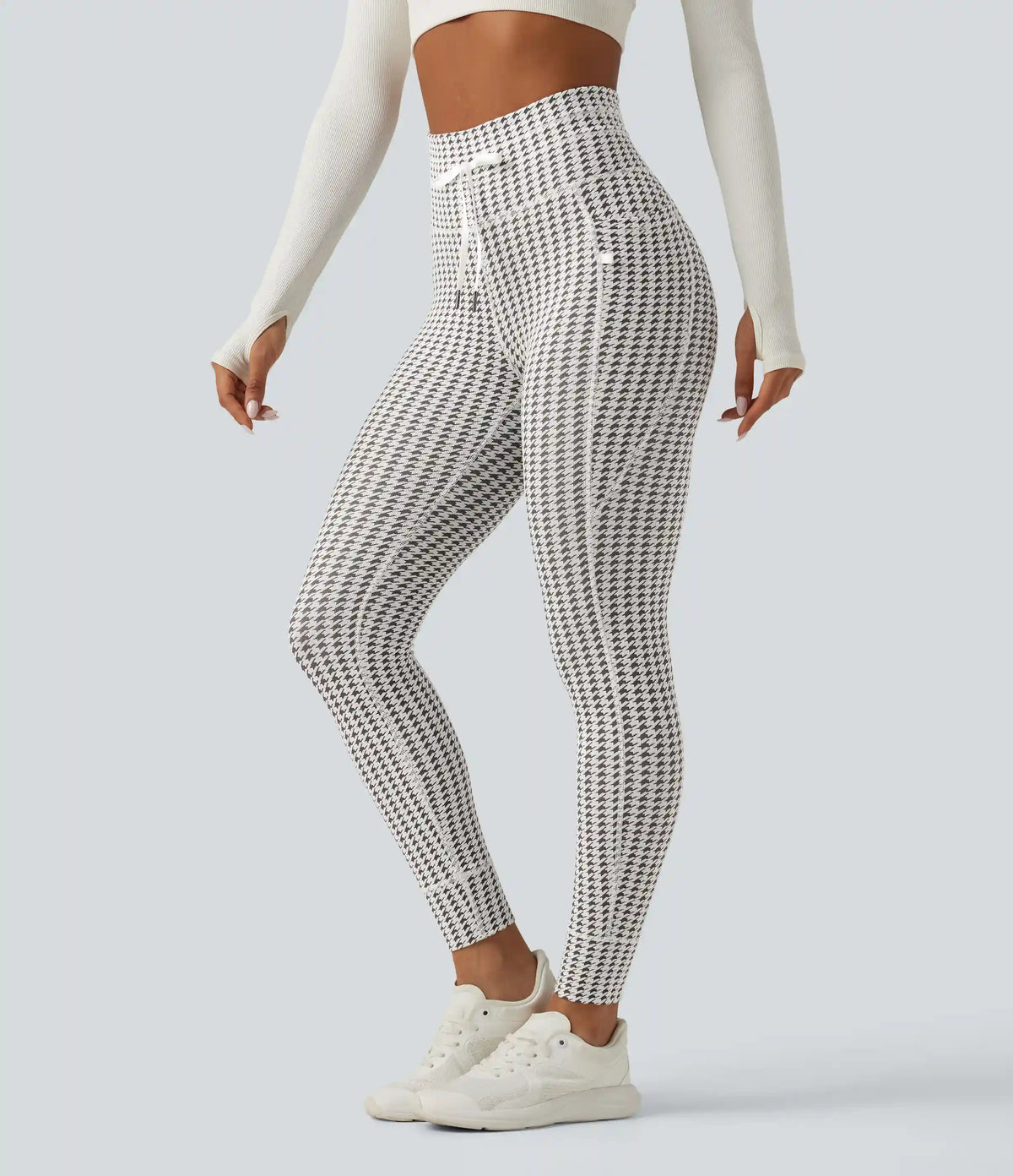 High Waisted Drawstring Houndstooth Yoga Leggings with Pockets