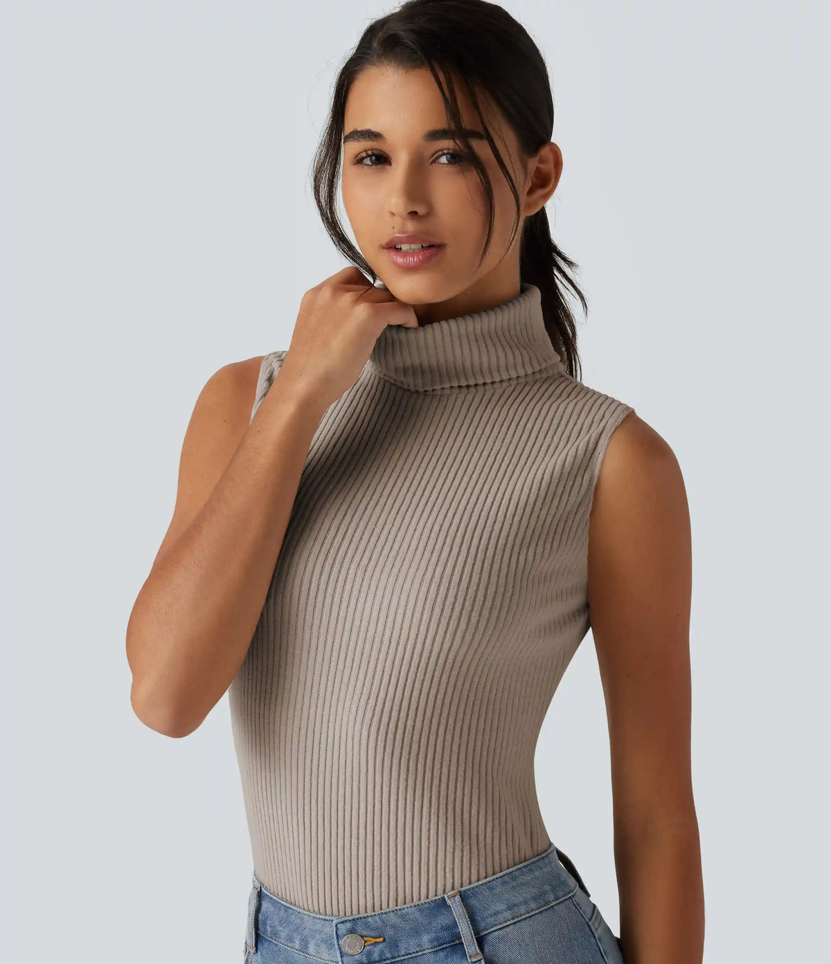 Ribbed Knit High Neck Casual Tank Top