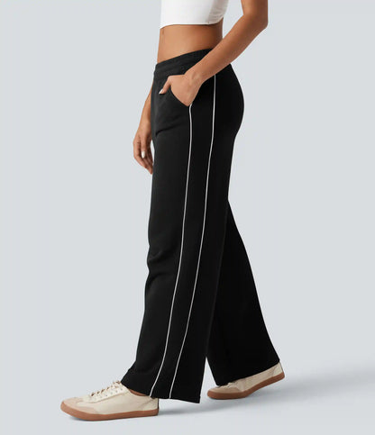 Mid Rise Drawstring Straight Leg Color Block Casual Cotton Pants with Pockets
