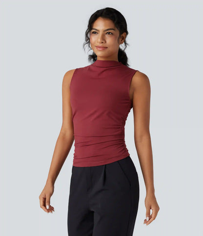 Mock-neck Sleeveless Ruched Work Top