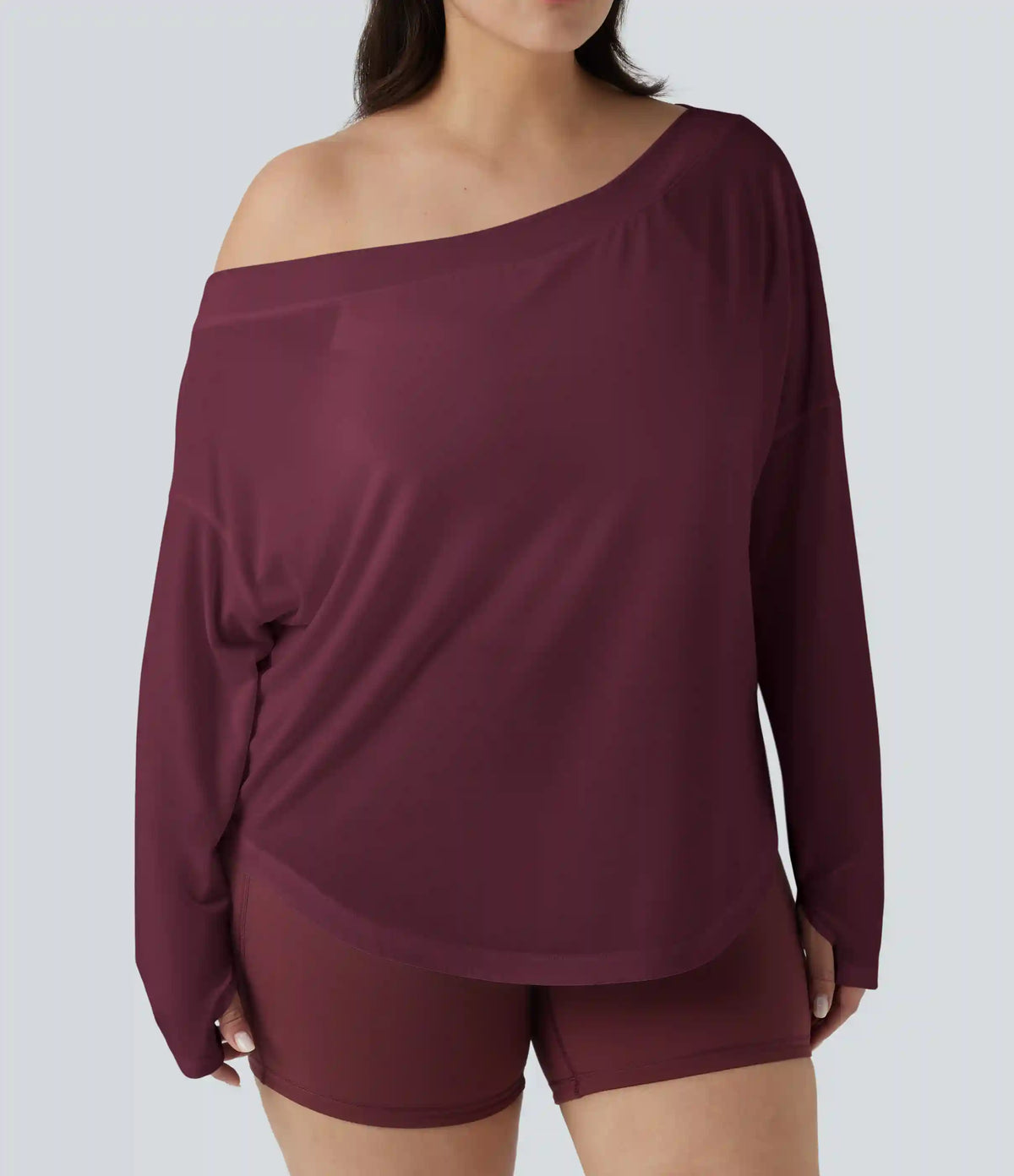 One Shoulder Long Sleeve Thumb Hole Curved Hem High Low Quick Dry Yoga Plus Size Sports Top-Built-in Bra