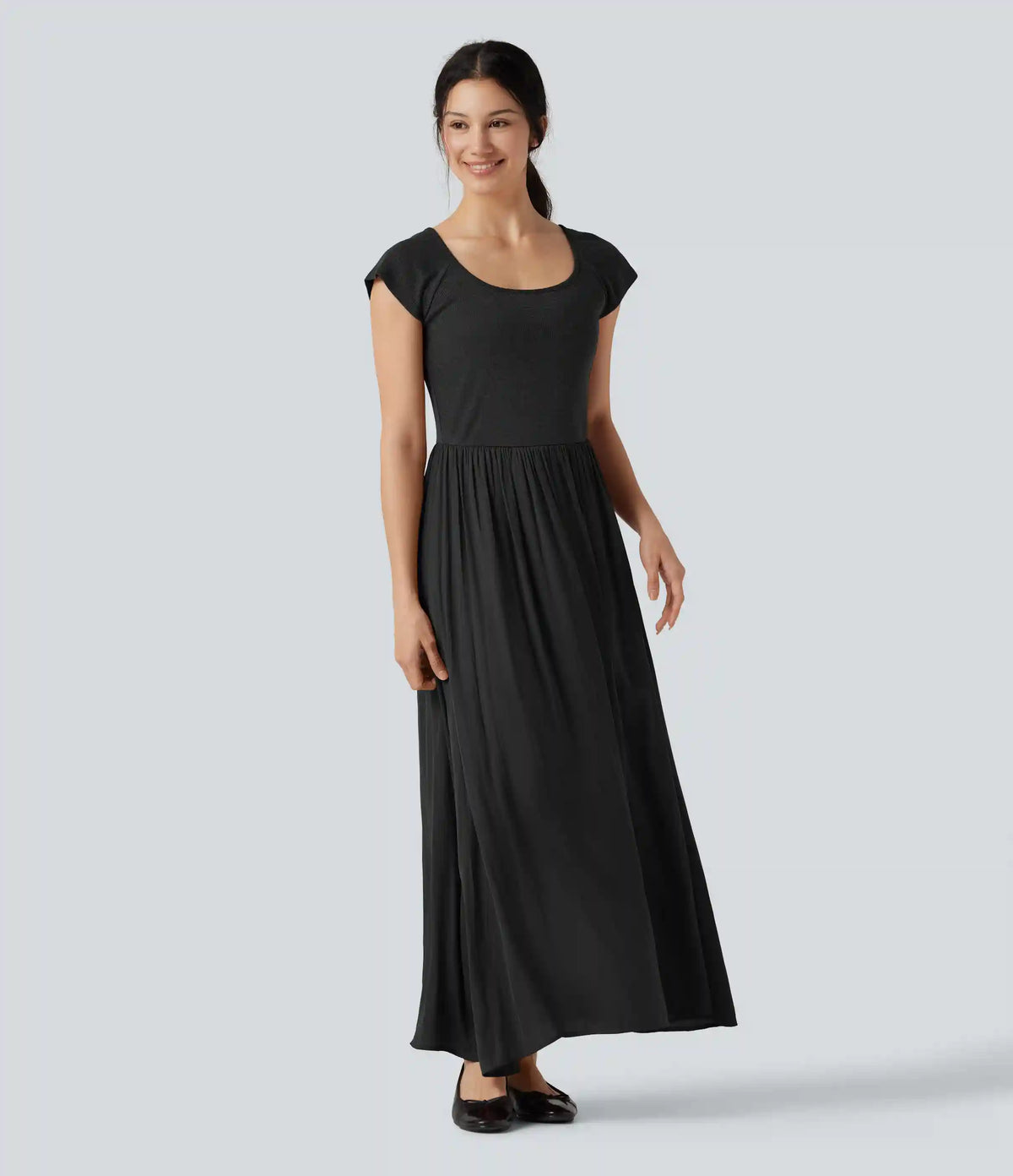 U Neck Short Sleeve Flowy Maxi Casual Dress