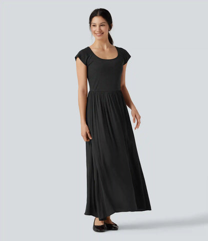 U Neck Short Sleeve Flowy Maxi Casual Dress