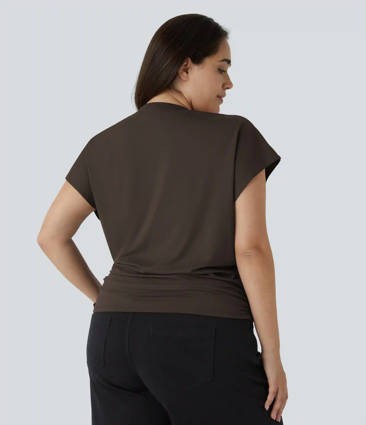 V Neck Cap Sleeve Crossover Ruched Solid Work Plus Size Blouse